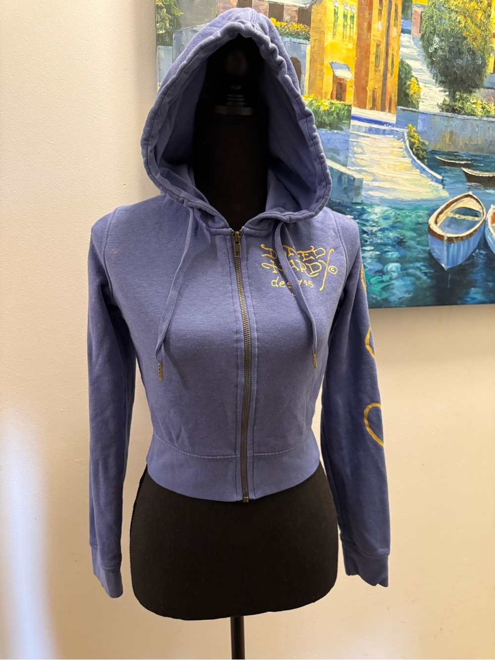 Ed Hardy Blue Women's Zip-Up Hoodie with Gold Logo